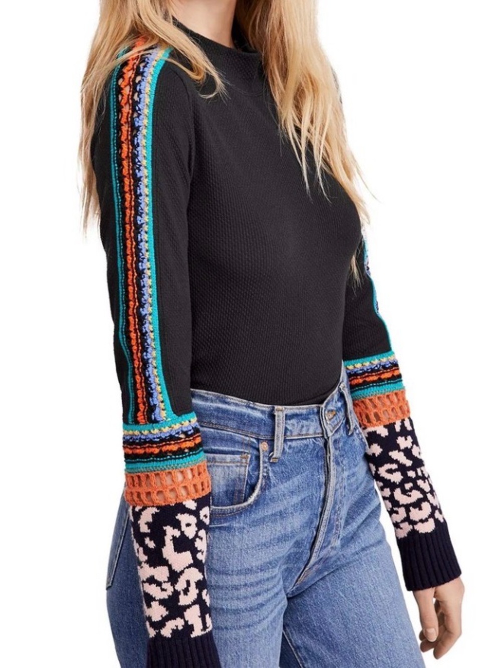 Free People Switch it Up Crochet Trim Waffle Knit Thermal Top Shirt Sz XL Black